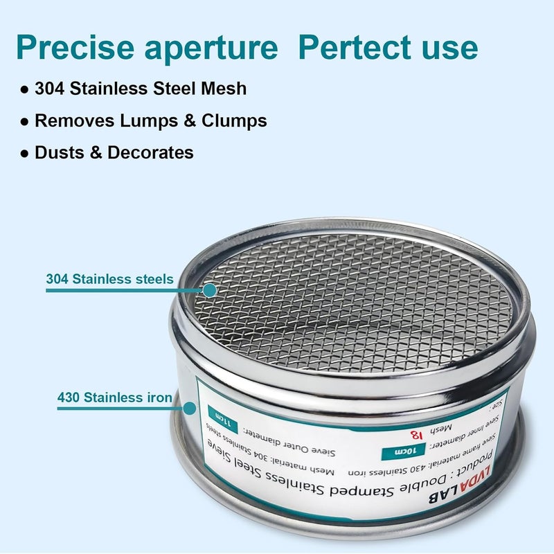 LVDALAB 304 Stainless Steel Mesh Lab Sieve, 18 Mesh (1mm) Aperture Test Sieve, 4inch(10cm) Economy Standard Analysis Sample Test Sieves for Industrial Laboratory Homes - Image 3